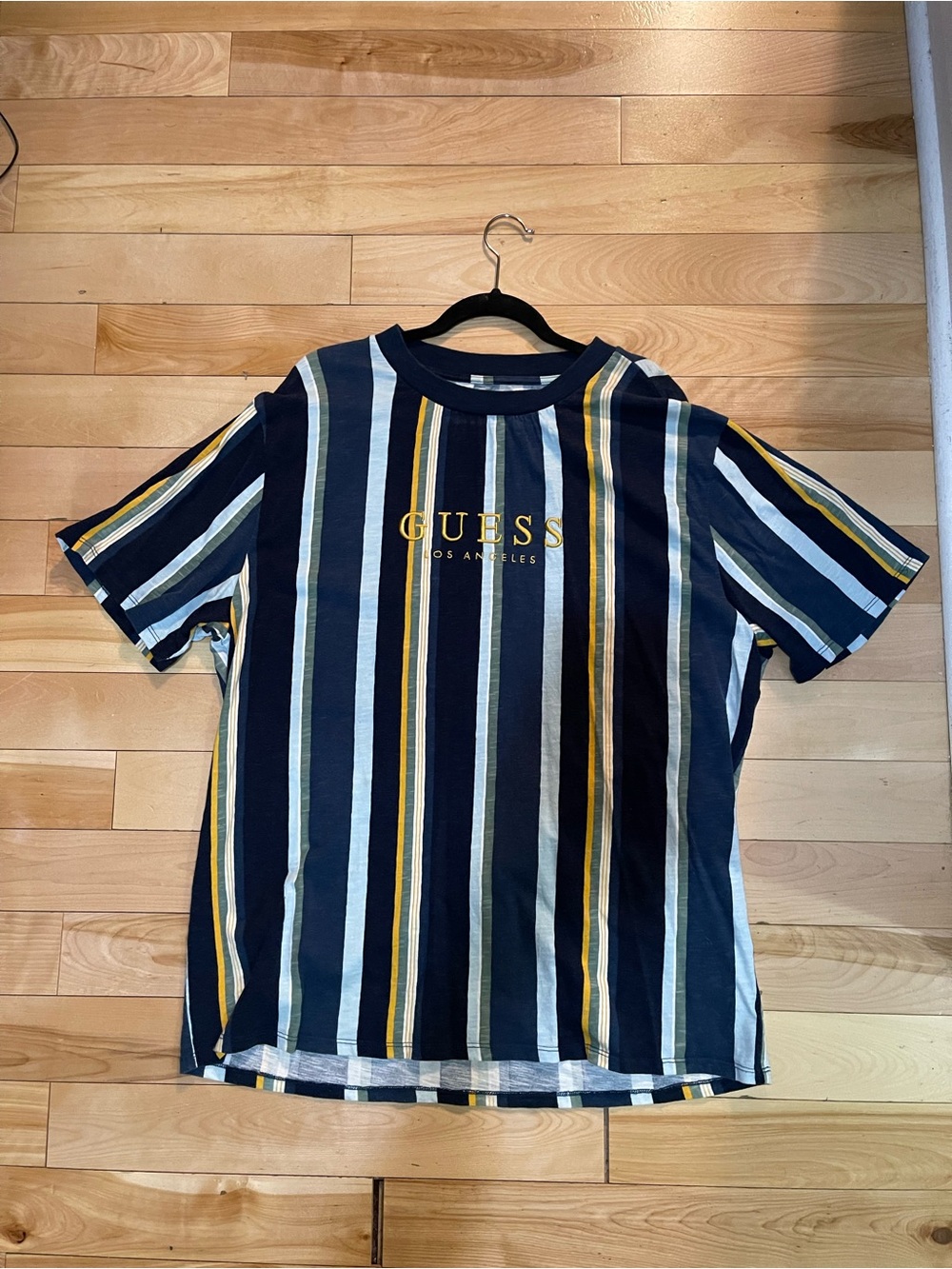 GUESS Navy, White & Yellow Vertical Stripe Logo Tee